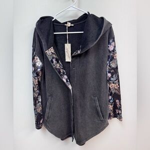 NWT Mystree Velvet Floral Sleeve Women's Hooded Cardigan Small